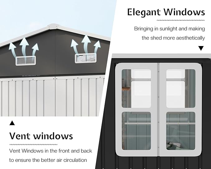 VanAcc 10x12x7 FT Outdoor Storage Shed with 2 Transparent Panels, Metal Garden Shed with Hinged Double Doors, 2 Windows & 4 Vents, Reinforced Steel Frame for Backyard, Garden, Dark Gray