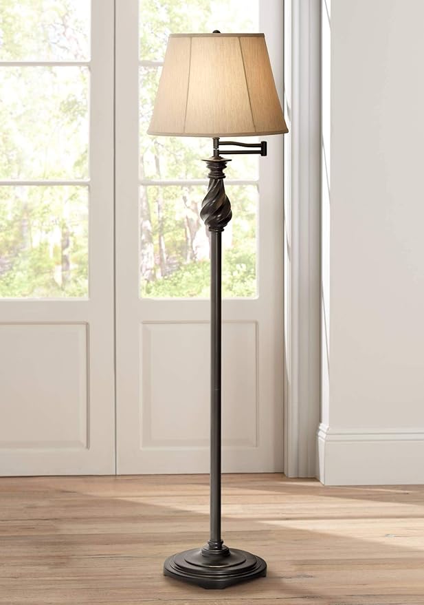 Regency Hill Traditional Adjustable Swing Arm Floor Lamp 58" Tall Painted Restoration Black Bronze Swirl Font Faux Silk Beige Drum Shade for Living Room Reading House Bedroom Family Home