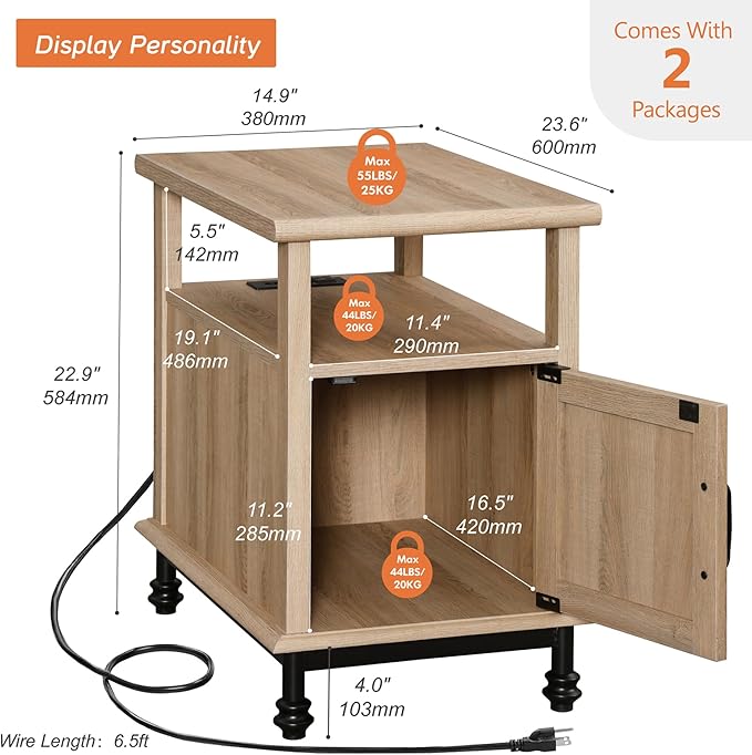 WAMPAT Set of 2 End Tables with Charging Station, Narrow Side Table Night Stand with Storage Cabinet, Wooden Nightstand with Metal Legs, Bedside Table for Bedroom, Oak
