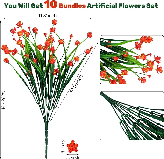 Lnoicy 10pcs Artificial Flowers,Fake Flowers Picks for Office Decorations Floral Arrangements DIY Wreath Holiday Tables Party Home Decor and Home Garden Decoration(Orange)