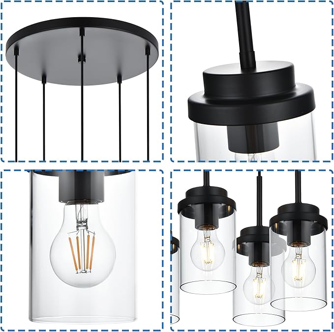 MELUCEE 5-Light Pendant Light Fixtures Ceiling Hanging Cluster Chandelier Black with Clear Glass Shade, Modern Pendant Lighting for Kitchen Island Dining Room Living Room