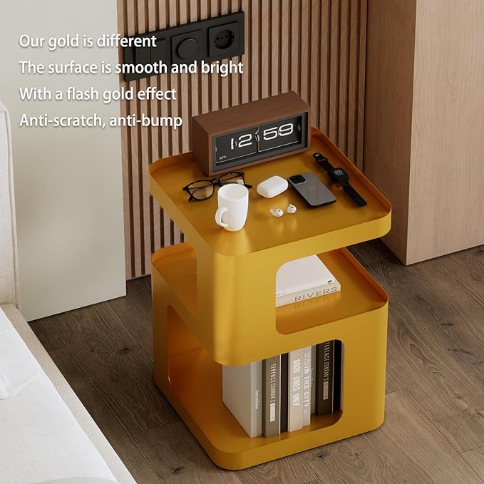 Gold Side Table,Modern end Table with Storage,Unique nightstand,Metal Bedside Tables,Accent Table for Living Room,Bedroom,Couch.no Assembly Required
