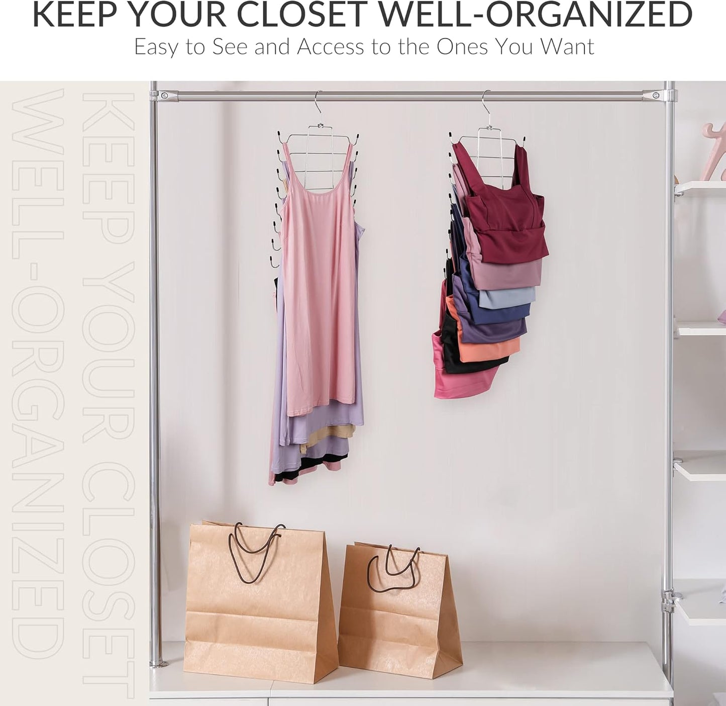 ZEDODIER Tank Top Hanger, 4 Pack Space Saving Bra Hangers, Non-Slip Hanging Sport Bras Holder, Closet Organizers and Storage for Camisoles Tank Tops Bras Ties Swimsuits Strappy Dress, Silver