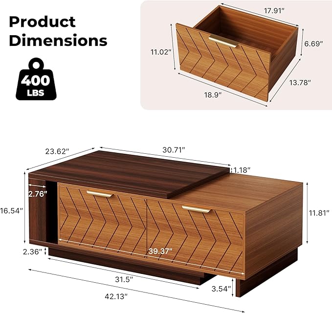 42"- 65" Extendable Coffee Table with Storage, Reversible Wood Coffee Table with 2 Drawers, Two-Tone Large Adjustable Center Table for Living Room, Office (Dark Walnut)