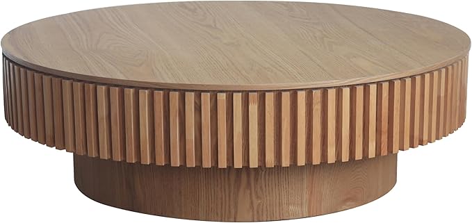 39" Round Coffee Table with Hidden Storage Compartment, Modern Handcraft Fluted Drum Coffee Table, Wooden Circle Center Table Cocktail Tea Table with Sturdy Pedestal for Living Room, Natural