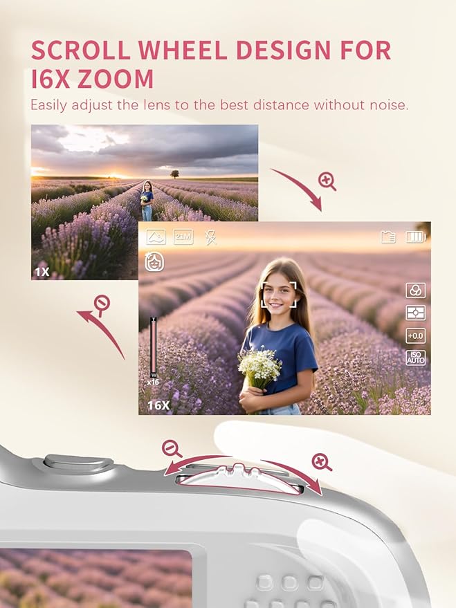 True 64MP Digital Camera 4K - 16X Zoom Autofocus, with Beauty & Macro Mode, 32GB TF Card, Compact Portable Vlogging Cameras for Photography Beginners Teens Adults (White)