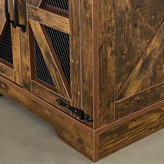 21.1" Farmhouse End Table Set of 2 with Charging Station and Mesh Barn Door, Rustic Wood Nightstand with Storage Shelf for Living Room & Bedroom, Brown