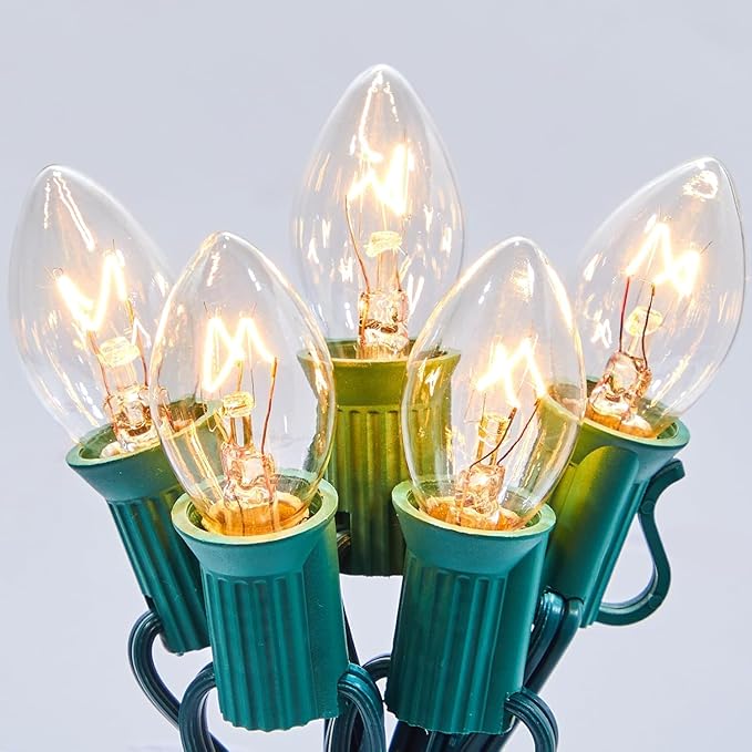 Minetom C7 Christmas String Light Set - 25FT C7 Vintage Christmas Tree Lights for Xmas Holiday Season Indoor Outdoor Roofline Fence Garden Patio Backyard Garage Cafe Decoration (25 FT, Clear)