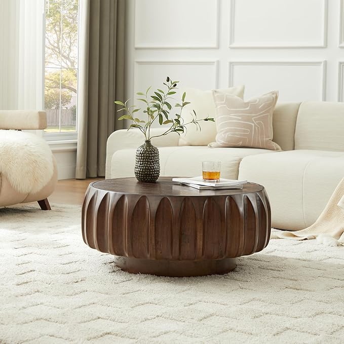 LKTART 31.5" Round Coffee Table Drum Table Contemporary Wood Fluted Centry Table with Solid Wood Veneer for Living Room (Walnut)