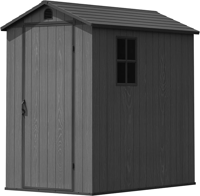 Greesum 4x6FT Plastic Storage Shed with Floor, Resin Outdoor Storaged Sheds with Lockable Door, All Weather Durable Tool Shed with Window and Vent, for Garden, Backyard, Patio, Dark Gray