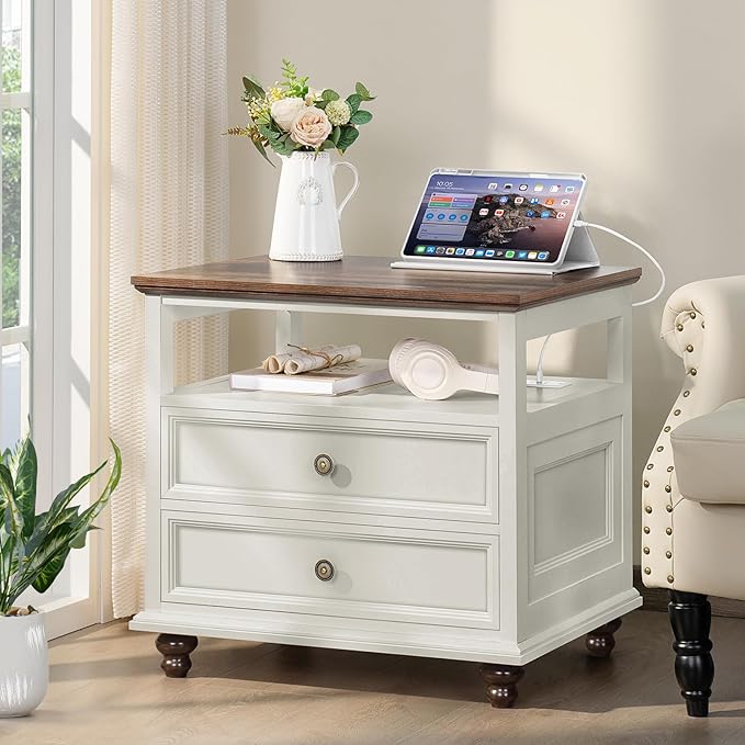 Farmhouse Nightstand Set of 2 with Charging Station, 24" Wide End Table with 2 Drawers,Dresser for Bedroom,Bed Side Table Chest of Drawers Cabinet,Wood White Night Stand for Living Room