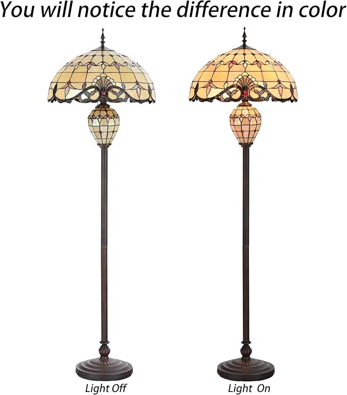 Bieye L10803 Baroque Tiffany Style Stained Glass Double Lit Floor Lamp for Home Decor 64-inch Tall (20-inch Wide, Cream)