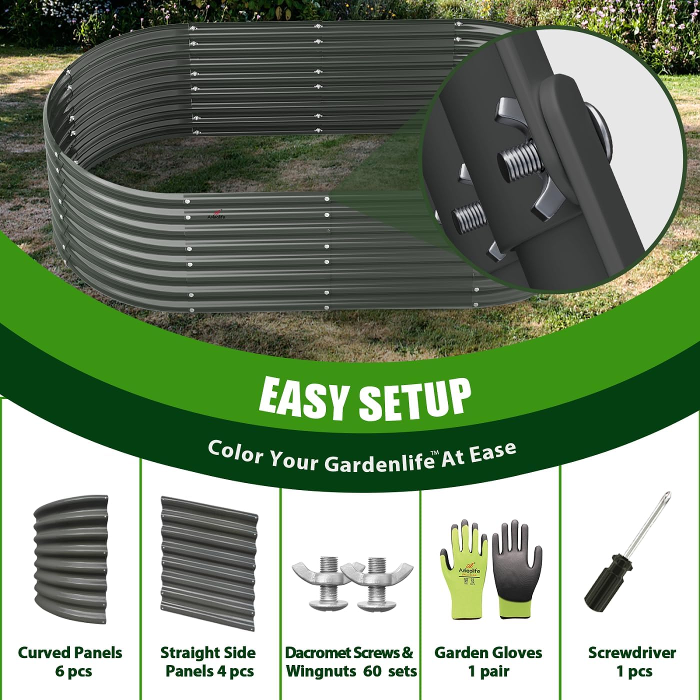 A ANLEOLIFE 6X3X2 ft Galvanized Raised Garden Beds Outdoor-8 Pack, Oval Large Metal Deep Root Planter Box for Planting Vegetables Flowers Herb, Anti-Rust & Easy-Setup, Quartz Grey