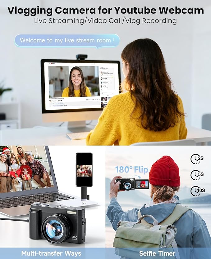 4K Digital Camera for Photography, WiFi Autofocus 64MP Vlogging Camera for YouTube, 180° 3" Flip Screen 30FPS Video Cameras with Flash Anti-Shake 16X Zoom 32GB Card, Compact Travel Digital Camera