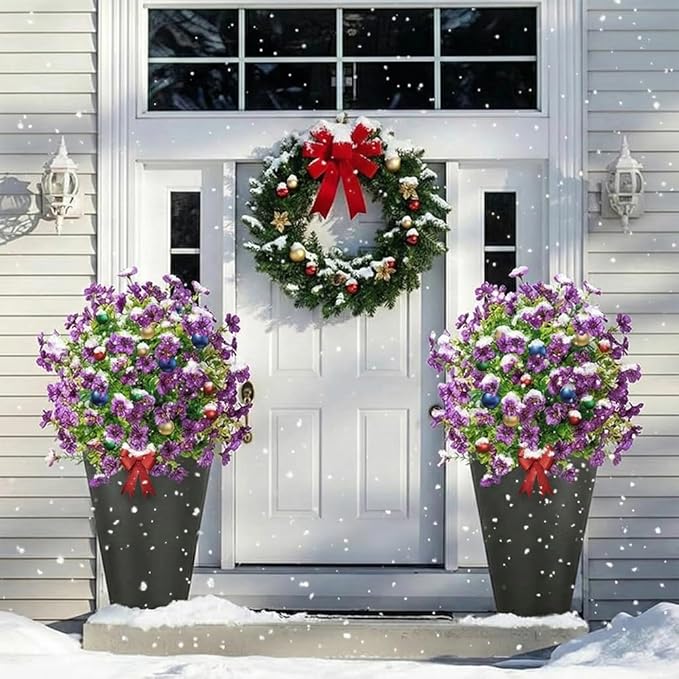 Christmas Decorative Plants Artificial Topiary Trees with Spike, 2pcs UV Resistant Artificial Bushes with Flowers, Artificial Fake Plants Shrubs for Doorway Porch Garden Decorate (Purple)