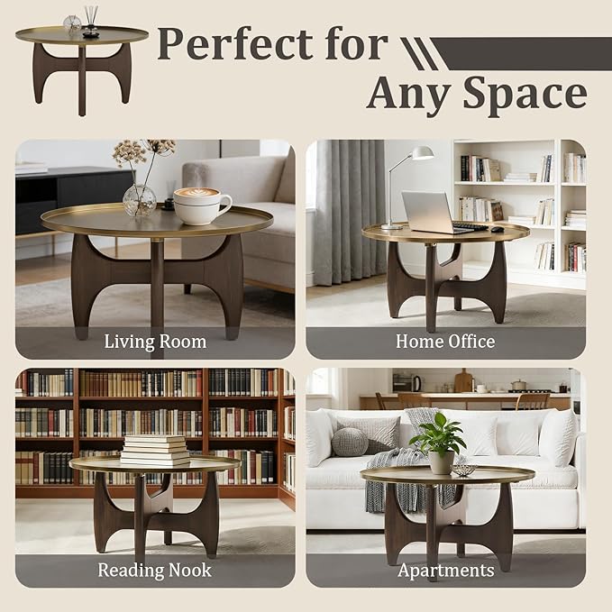ACEDÉCOR Round Coffee Table, 30" Coffee Tables with Brushed Gold Tray Top and Solid Walnut Wood Base, Center Table for Living Room, Apartments and Small Spaces，Easy-Clean