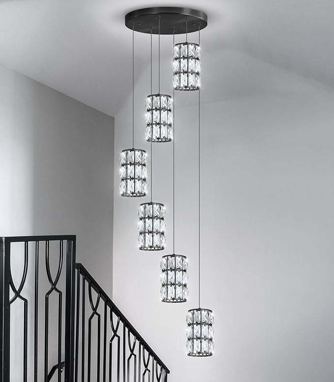 6-Lights Modern Crystal Pendant Lights for Kitchen Island LED Dimmable Glam Pendant Lighting Chandelier for Dining Room Hallway Corner Lamp Black