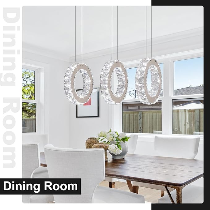 Buccleuch 3-Ring Crystal Chandelier, 9.84" Ring Diameter Dimmable LED Pendant Light, UL-Certified Stainless Steel K9 Crystal Ceiling Light for Dining Room, Living Room, Bedroom, 6500K 4400lm