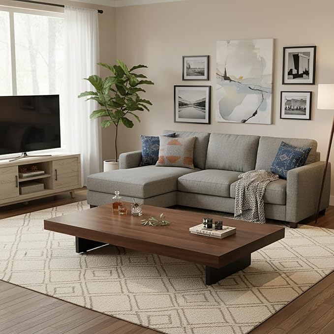 Modern Rectangular Coffee Table for Living Room, Low Profile Wood Center Table with 2" Thick Tabletop & Optional Storage Tray, Sturdy Minimalist Design (31.5"/39.4" Black/Walnut)