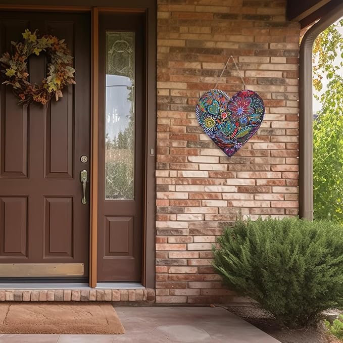 FKKA Front Porch Decor Farmhouse, Harvest Garden Wall Art, Metal Heart Wall Decor For Bedroom, Easy Hanging With A Hanging Rope, Light Purple, Gift