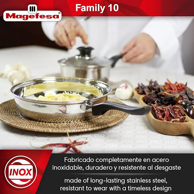 MAGEFESA Family 10-Piece Cookware Set, Crafted from Stainless Steel, Easy to Clean and Dishwasher Safe, Soft-Touch Bakelite Handles for a Comfortable Grip