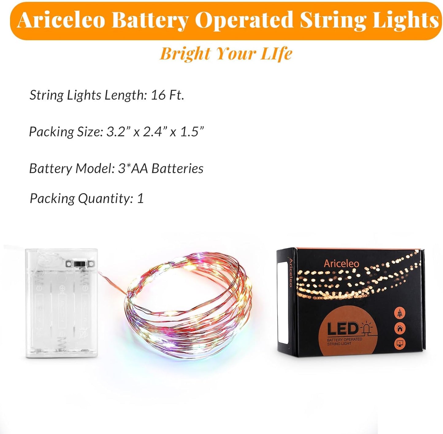 Led Fairy Lights Battery Operated, 1 Pack Mini Battery Powered Copper Wire Starry Fairy Lights for Bedroom, Christmas, Parties, Wedding, Centerpiece, Decoration (5m/16ft Multi-Colored)