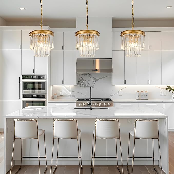 Gold Crystal Pendant Light 11.8" 3-Light Modern Round Chandelier Fixture 2-Tier Luxury Crystal Ceiling Hanging Light for Dining Room Hallway Living Room Bedroom Kitchen Island 1-Pack