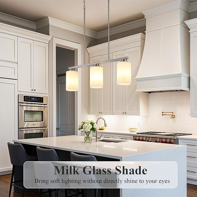 Island Light for Kitchen, Brushed Nickel Dining Room Light Fixture Over Table with Milk Glass Shade, 3-Light Linear Chandelier Pendant Lighting for Dining Table Kitchen Island Living Room