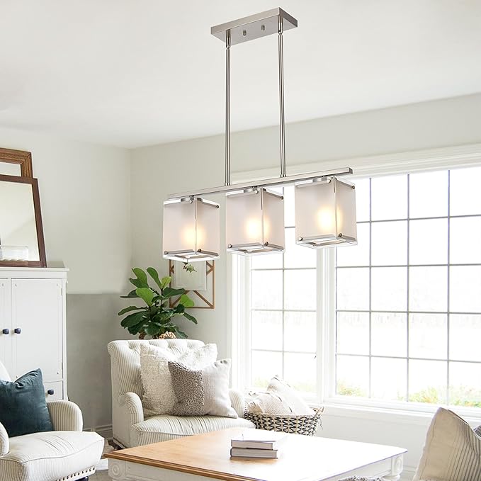 Kitchen Island Lighting, 3-Light Dining Room Light Fixture with Frosted Glass Shade Linear Chandelier Pendant Lighting Over Table for Dining Table Kitchen Island, Adjustable Height