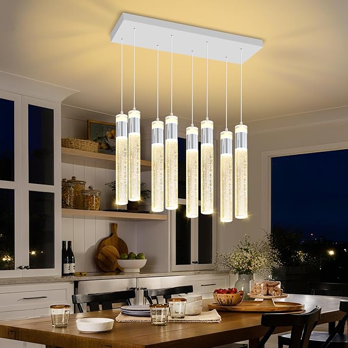 8-Lights Silver Hanging Pendant Light for Kitchen Island Modern Dimmable LED Crystal Chandeliers for Dining Room Bedroom Living Room Over Table Adjustable Height