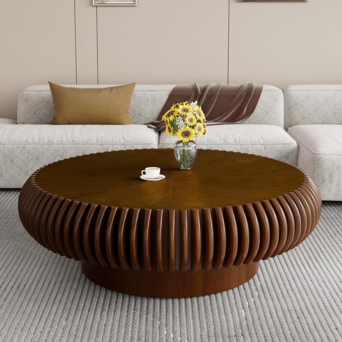 39.3" Drum Coffee Table Modern Unique Fluted Tea Table Contemporary Wood Round Coffee Table with Fluted Centry Table for Living Room Walnut (39.3" Walnut)