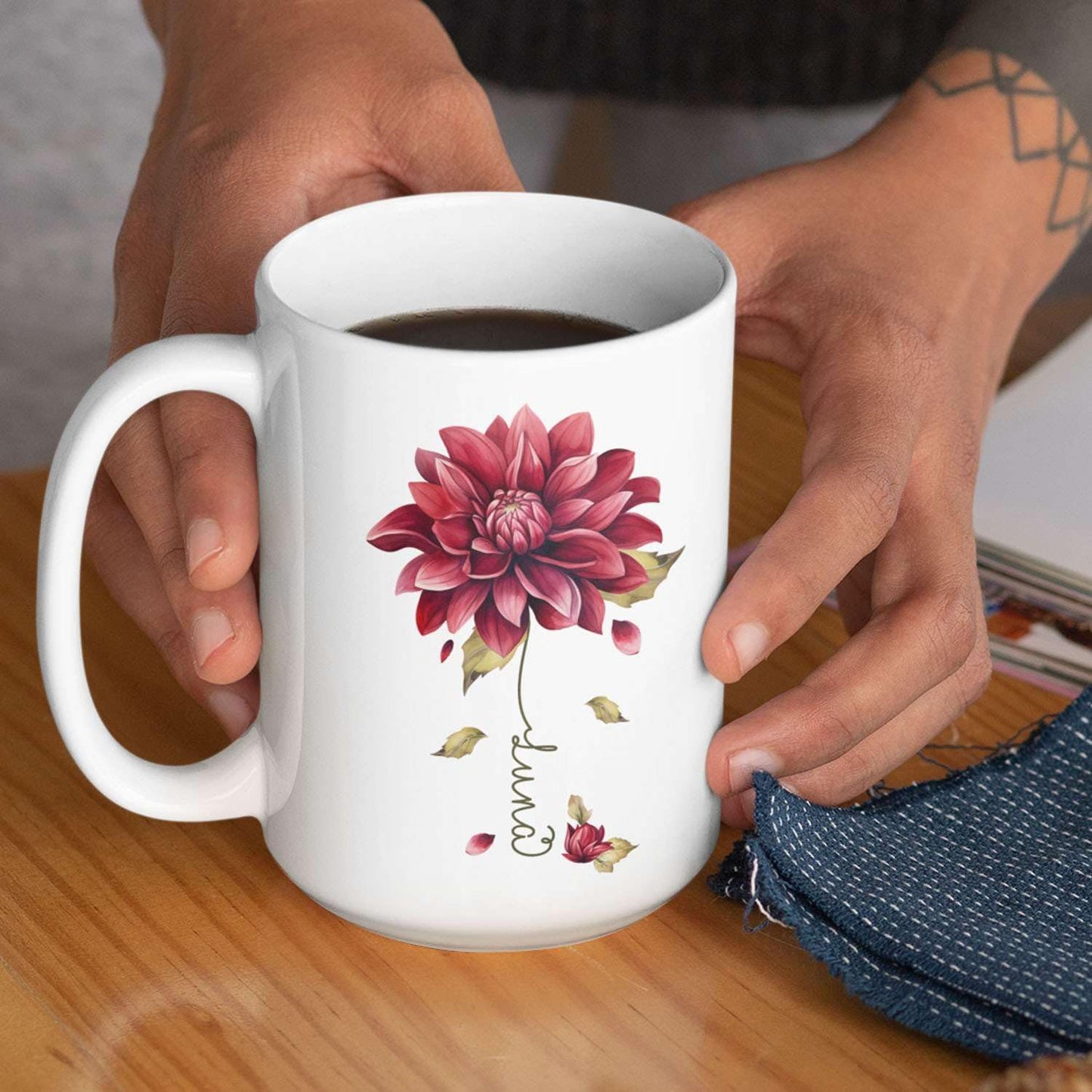Dahlia Flower Design Coffee Mug, Personalized Name On Red Floral Cup, Custom Ceramic Mug For Flower Lovers, Customized Dahlia Accent Cup 11oz Or 15oz, Floral Decorative Mug Gift