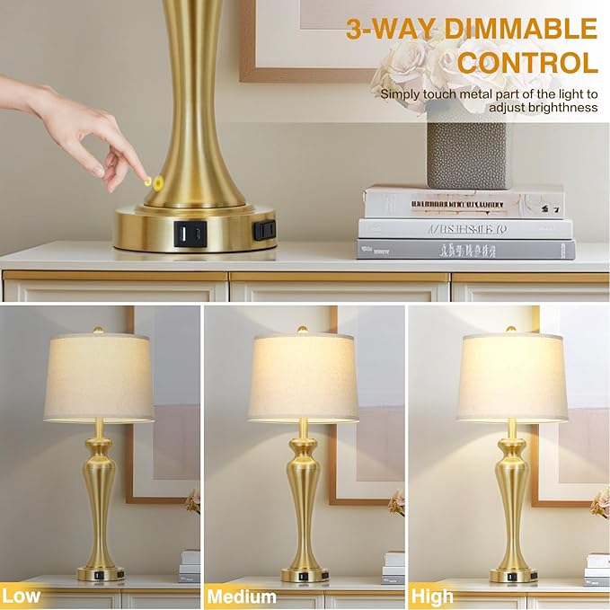 30" Gold Table Lamps Set of 2, 3-Way Dimmable Touch Lamps for Nightstand with USB A+C Ports and AC Outlet, Tall Bed Side Lamp for Living Room, Modern Brass Lamp for Bedroom Side End Table