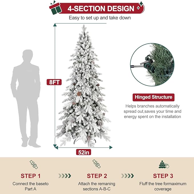 8 FT Snow Flocked Slim Fir Christmas Tree with 1634 PE & PVC Mixed Branch Tips,Unlit Artificial Skinny Pencil Xmas Tree with 44 Pine Cones,Hinged Premium Xmas Trees for Home,Office,Party Decoration