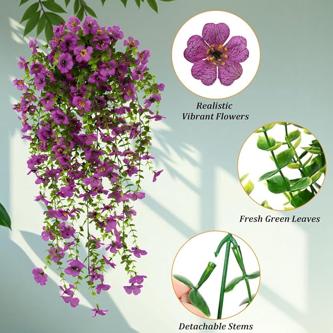 EROCK Artificial Flowers for Outdoors, 4PCS Fake Silk Hanging Flowers for Decoration UV & Fading Resistant, Realistic Faux Plants & Flowers for Porch Patio Balcony Window Box Home Decor (Purple)