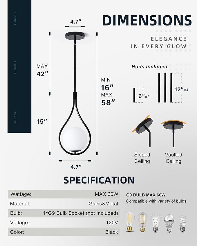 Black Pendant Lights Kitchen Island, 1-Light Pendant Lights with Milky White Globe Glass, Modern Pendant Light Fixtures, Black Hanging Lamp for Kitchen Island H9377 MGBK