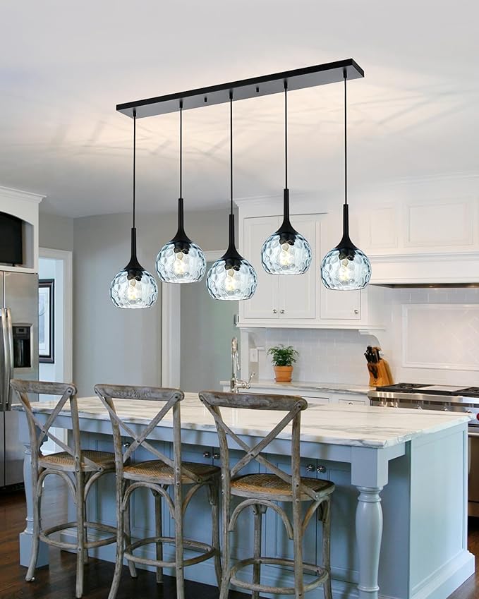 VINLUZ Farmhouse Chandelier 5-Light Classic Pendant Light with Blue Round Ribbed Glass Shade, Black Finish Linear Hanging Lighting Dining Room Light Fixture
