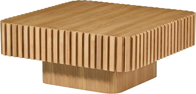 31.5" Square Coffee Table with Sturdy Base, Modern Luxury Wood Drum Center Tables,Small Wooden Accent with MDF, for Living Room, Minimalist Fluted Design-Natural