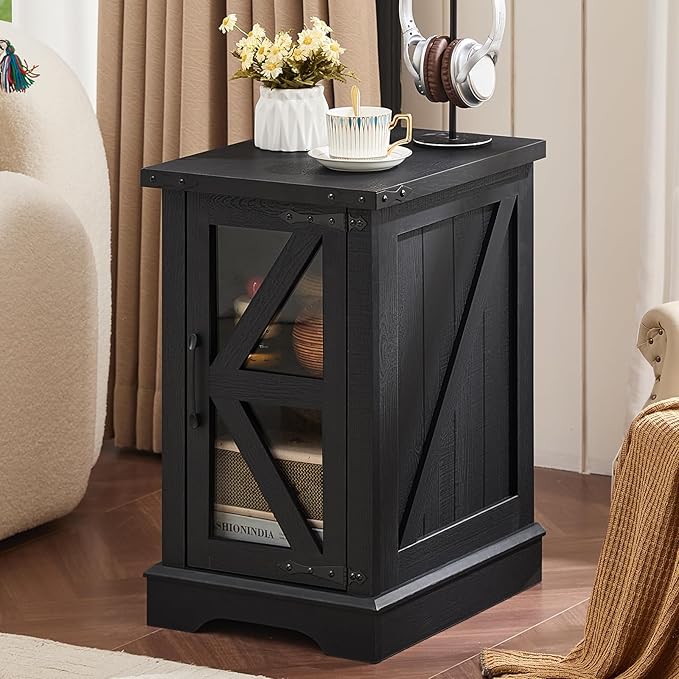 Narrow Night Stand for Small Spaces, Farmhouse Side End Table with Glass Barn Door Storage, Wood Bedside Tables, Black Nightstand Cabinet Organizer for Living Room Bedroom