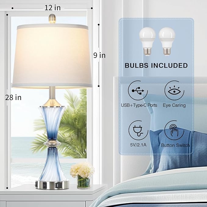 Blue Glass Table Lamp with USB C+A Ports & AC Outlet,Coastal Bedside Lamp for Night Stands Bedroom Living Room,Nightstand Lamp LED Bulbs Included,Single Blue