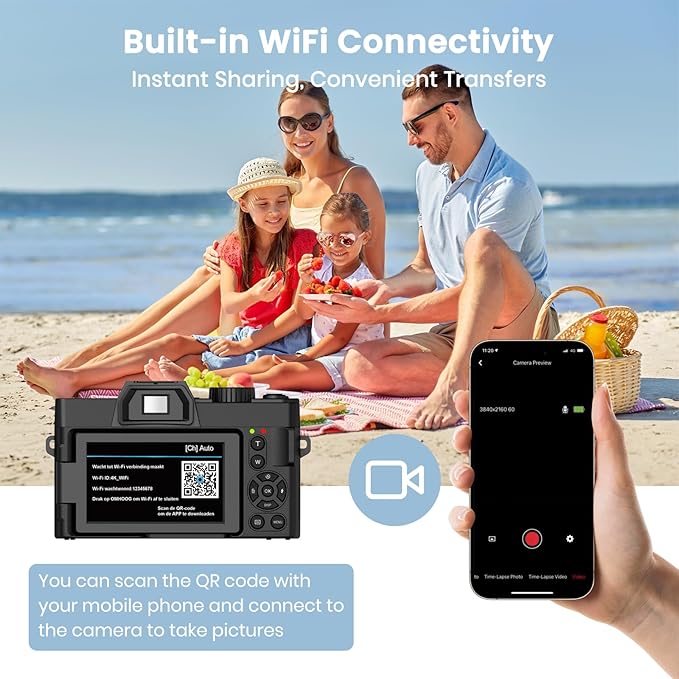 48MP Digital Camera 4K Video 3-Inch LED Display 16X Optical Zoom Auto Focus 180° Flip Screen, 4K Vlogging Cameras Fotograficas for YouTube with 32GB TF Card, 2 Batteries Black