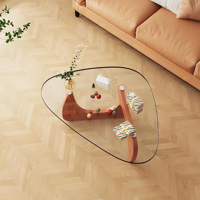 Coffee Tables Glass Small Farmhouse Coffee Table Mid-Century Modern Wood Center Table for Living Room, Walnut Transparent, 36 Inch