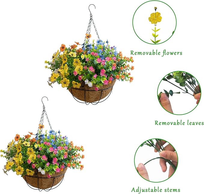 Artificial Hanging Plants Flowers with Basket 2 Packs, Faux Hanging Plants Outdoor, White+Pink+Yellow+Orange+Blue+Green&White+Pink+Yellow+Orange+Blue+Purple