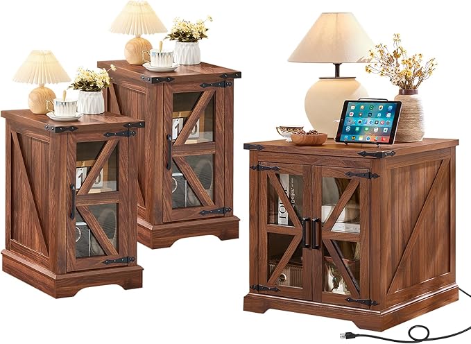 Farmhouse End Tables Living Room Set of 3, Small Night Stand and 24" Large Side Table with Charger Station, Wood Furniture Sets, Nightstand Bedside End Table for Bedroom