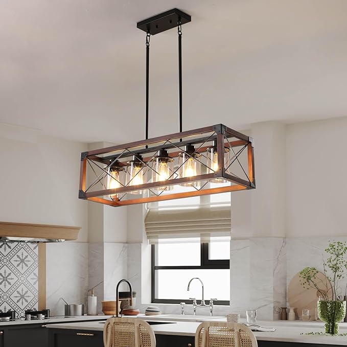 Rustic Hanging Lights Fixture Farmhouse Chandeliers for Dining Room Kitchen Island Light Fixtures 5-Light Wood Chandelier Over Dining Table with Clear Glass Shade-Walnut