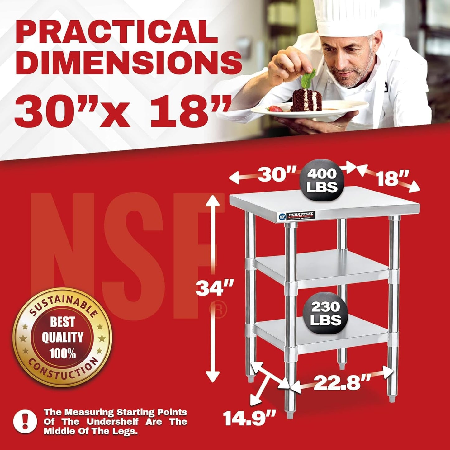 DuraSteel Food Prep Stainless Steel Table - 30 x 18 Inch Commercial Metal Workbench with Adjustable Under Shelf - NSF Certified - for Restaurant, Warehouse, Home, Kitchen, Garage