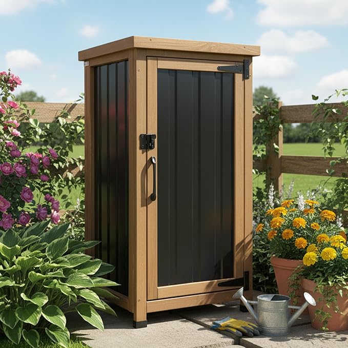 Small Outdoor Storage Cabinet, Wood & Metal Storage Shed with Weatherproof Roof, Removable Shelf, Lockable Door, 2 Metal Hinges, Adjustable Feet, Outside Storage Cabinet