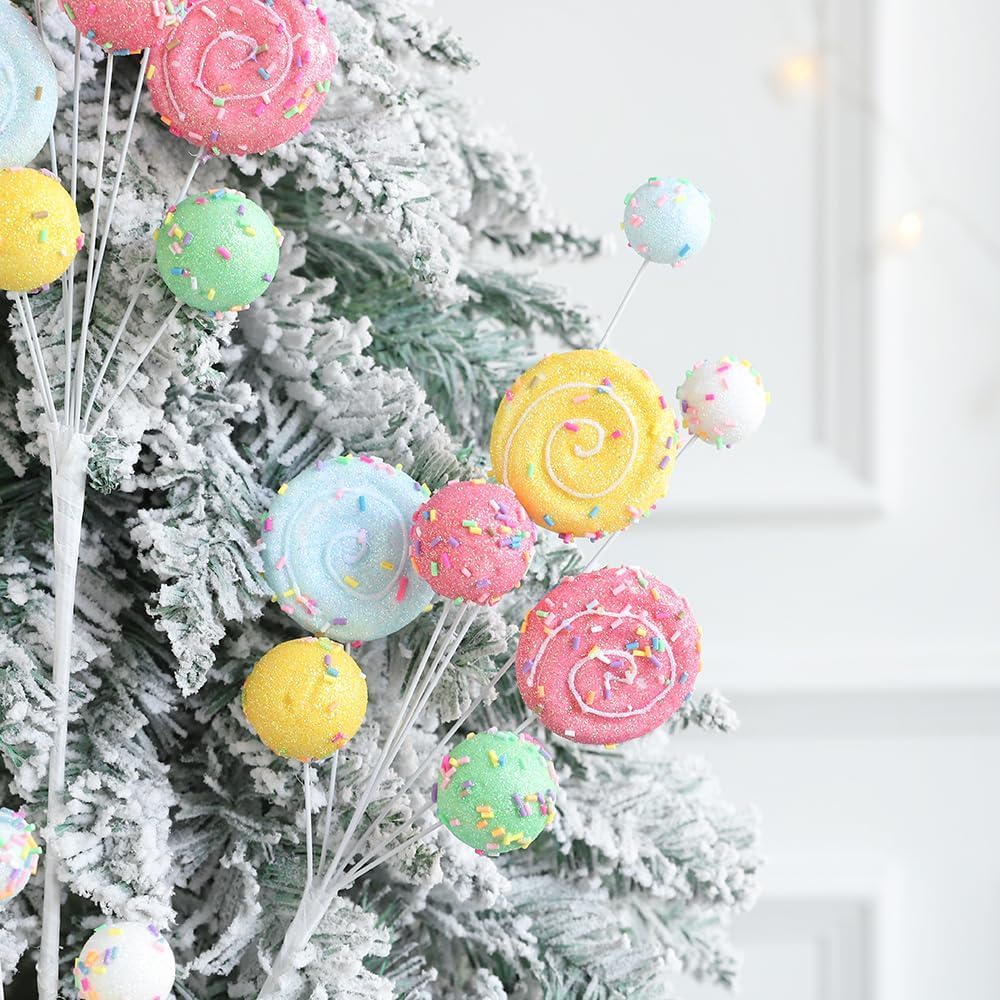 2Pcs Christmas Tree Picks Branch Decorations Macaron Topper Ornaments Candy Spray Picks Twigs Stems for Xmas Wreath Decoration New Year Party
