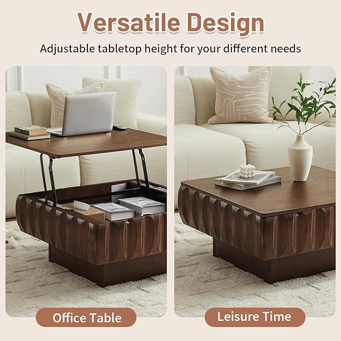 LKTART 31" Lift Top Coffee Table for Living Room, Fluted Coffee Table with Hidden Storage Compartment, Mid Century Modern Solid Wood Veneer Square Center Table for Office Apartment Small Space, Walnut