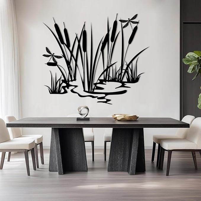 EANHIPE Metal Cattails & Dragonfly Wall Art, Cattails Metal Wall Art, Rustic Farmhouse Decor, Nature Themed Decor for Living Room, Bedroom, Bathroom, Housewarming Gift (Gold, 28"x23"/70x60cm)